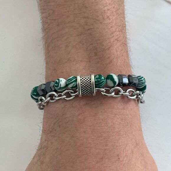 Men’s Malachite Green & Hematite Black Beaded Bracelet with Silver Chain - Picture 6 of 9